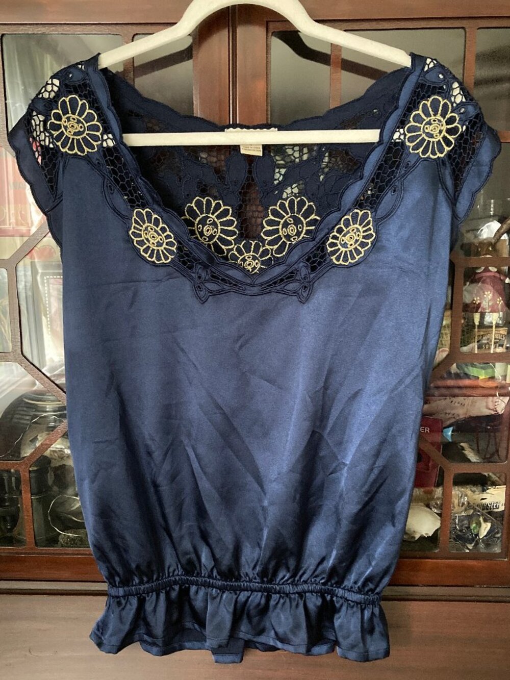Vintage Y2K Forever 21 Navy Blue Satin Peasant-Style Blouse